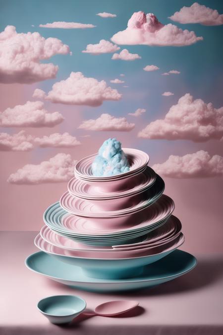 00170-2396327551-_lora_Surreal Plate_1_Surreal Plate - a plate with a stairway spiraling upwards, leading to a sky filled with cotton candy cloud.png